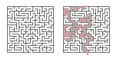 Vector Square Maze - Labyrinth with Included Solution in Black Red. Funny Educational Mind Game for Coordination, Problems Solving, Decision Making Skills Test.