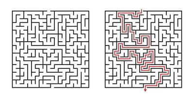 Vector Square Maze - Labyrinth with Included Solution in Black Red. Funny Educational Mind Game for Coordination, Problems Solving, Decision Making Skills Test.