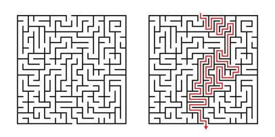 Vector Square Maze - Labyrinth with Included Solution in Black Red. Funny Educational Mind Game for Coordination, Problems Solving, Decision Making Skills Test.