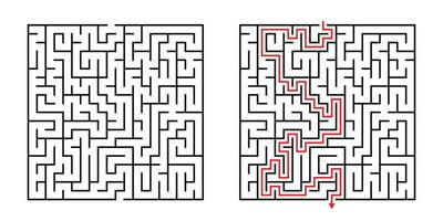 Vector Square Maze - Labyrinth with Included Solution in Black Red. Funny Educational Mind Game for Coordination, Problems Solving, Decision Making Skills Test.