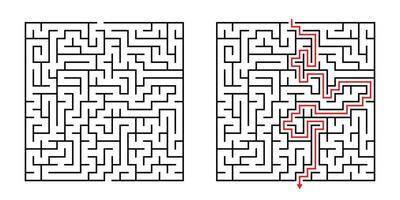 Vector Square Maze - Labyrinth with Included Solution in Black Red. Funny Educational Mind Game for Coordination, Problems Solving, Decision Making Skills Test.