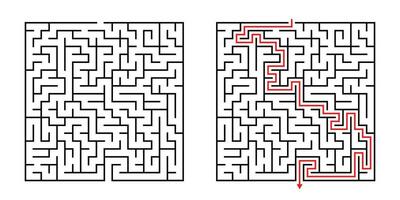 Vector Square Maze - Labyrinth with Included Solution in Black Red. Funny Educational Mind Game for Coordination, Problems Solving, Decision Making Skills Test.