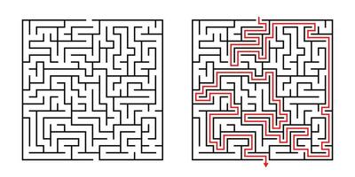 Vector Square Maze - Labyrinth with Included Solution in Black Red. Funny Educational Mind Game for Coordination, Problems Solving, Decision Making Skills Test.