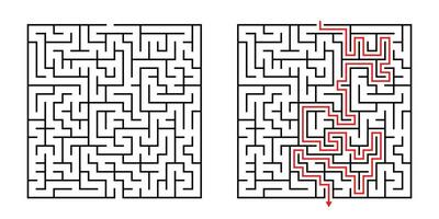 Vector Square Maze - Labyrinth with Included Solution in Black Red. Funny Educational Mind Game for Coordination, Problems Solving, Decision Making Skills Test.