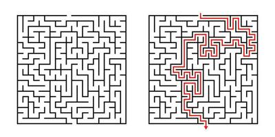 Vector Square Maze - Labyrinth with Included Solution in Black Red. Funny Educational Mind Game for Coordination, Problems Solving, Decision Making Skills Test.