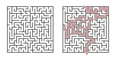 Vector Square Maze - Labyrinth with Included Solution in Black Red. Funny Educational Mind Game for Coordination, Problems Solving, Decision Making Skills Test.