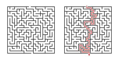 Vector Square Maze - Labyrinth with Included Solution in Black Red. Funny Educational Mind Game for Coordination, Problems Solving, Decision Making Skills Test.