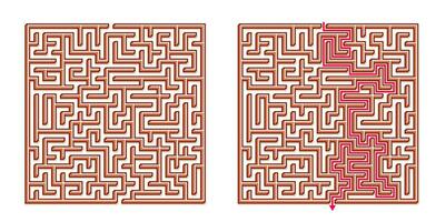 Vector 3D Isometric Easy Square Maze - Labyrinth with Included Solution. Funny Educational Mind Game for Coordination, Problems Solving, Decision Making Skills Test.