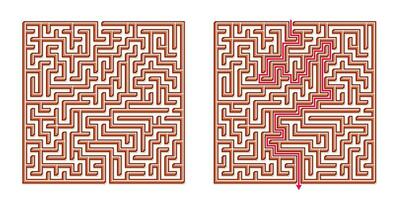 Vector 3D Isometric Easy Square Maze - Labyrinth with Included Solution. Funny Educational Mind Game for Coordination, Problems Solving, Decision Making Skills Test.