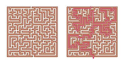 Vector 3D Isometric Easy Square Maze - Labyrinth with Included Solution. Funny Educational Mind Game for Coordination, Problems Solving, Decision Making Skills Test.
