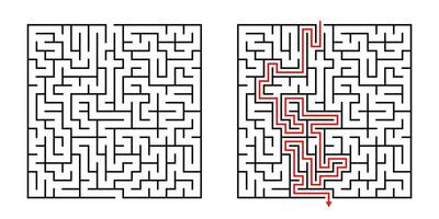 Vector Square Maze - Labyrinth with Included Solution in Black Red. Funny Educational Mind Game for Coordination, Problems Solving, Decision Making Skills Test.