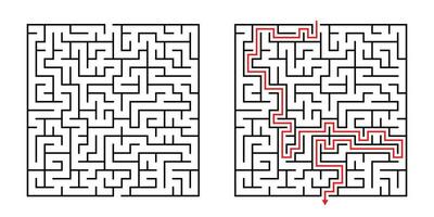 Vector Square Maze - Labyrinth with Included Solution in Black Red. Funny Educational Mind Game for Coordination, Problems Solving, Decision Making Skills Test.