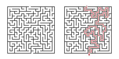 Vector Square Maze - Labyrinth with Included Solution in Black Red. Funny Educational Mind Game for Coordination, Problems Solving, Decision Making Skills Test.