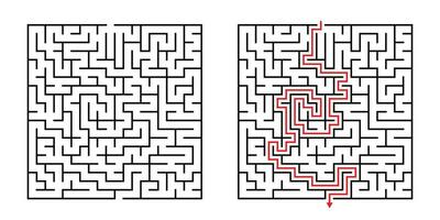 Vector Square Maze - Labyrinth with Included Solution in Black Red. Funny Educational Mind Game for Coordination, Problems Solving, Decision Making Skills Test.