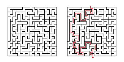 Vector Square Maze - Labyrinth with Included Solution in Black Red. Funny Educational Mind Game for Coordination, Problems Solving, Decision Making Skills Test.