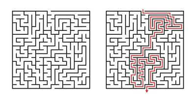 Vector Square Maze - Labyrinth with Included Solution in Black Red. Funny Educational Mind Game for Coordination, Problems Solving, Decision Making Skills Test.