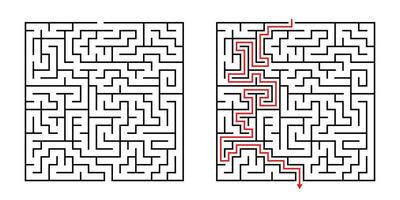 Vector Square Maze - Labyrinth with Included Solution in Black Red. Funny Educational Mind Game for Coordination, Problems Solving, Decision Making Skills Test.