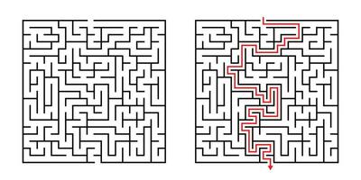 Vector Square Maze - Labyrinth with Included Solution in Black Red. Funny Educational Mind Game for Coordination, Problems Solving, Decision Making Skills Test.