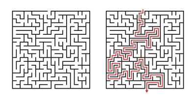 Vector Square Maze - Labyrinth with Included Solution in Black Red. Funny Educational Mind Game for Coordination, Problems Solving, Decision Making Skills Test.