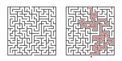 Vector Square Maze - Labyrinth with Included Solution in Black Red. Funny Educational Mind Game for Coordination, Problems Solving, Decision Making Skills Test.