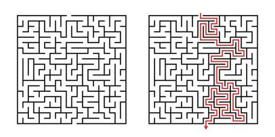 Vector Square Maze - Labyrinth with Included Solution in Black Red. Funny Educational Mind Game for Coordination, Problems Solving, Decision Making Skills Test.