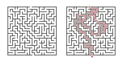 Vector Square Maze - Labyrinth with Included Solution in Black Red. Funny Educational Mind Game for Coordination, Problems Solving, Decision Making Skills Test.