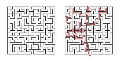 Vector Square Maze - Labyrinth with Included Solution in Black Red. Funny Educational Mind Game for Coordination, Problems Solving, Decision Making Skills Test.