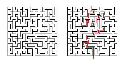 Vector Square Maze - Labyrinth with Included Solution in Black Red. Funny Educational Mind Game for Coordination, Problems Solving, Decision Making Skills Test.