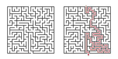 Vector Square Maze - Labyrinth with Included Solution in Black Red. Funny Educational Mind Game for Coordination, Problems Solving, Decision Making Skills Test.