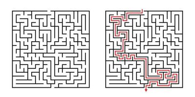 Vector Square Maze - Labyrinth with Included Solution in Black Red. Funny Educational Mind Game for Coordination, Problems Solving, Decision Making Skills Test.