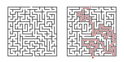 Vector Square Maze - Labyrinth with Included Solution in Black Red. Funny Educational Mind Game for Coordination, Problems Solving, Decision Making Skills Test.