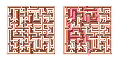 Vector 3D Isometric Easy Square Maze - Labyrinth with Included Solution. Funny Educational Mind Game for Coordination, Problems Solving, Decision Making Skills Test.