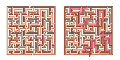 Vector 3D Isometric Easy Square Maze - Labyrinth with Included Solution. Funny Educational Mind Game for Coordination, Problems Solving, Decision Making Skills Test.