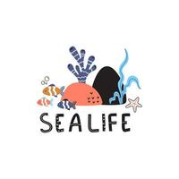 Vector illustration with sea elements. Fishes and corals. Sea life. Illustrations for nursery decor, prints and posters