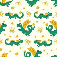 Green dragon and sun seamless pattern vector