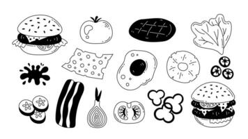 Burger with ingredients doodle vector set