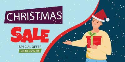 Christmas banner with a man wearing a Santa Claus cap, holding a red gift box and showing a big Christmas discount vector