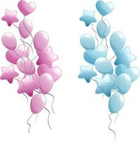 Two bunch of flat style pink and blue balloons for gender reveal party on ribbons vector