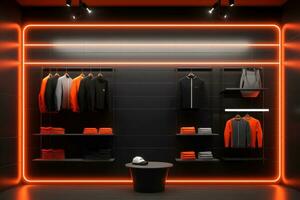 luxury and fashionable brand new interior of cloth store with neon dark background, advertising of black friday cheap clothes, Generative AI illustration photo