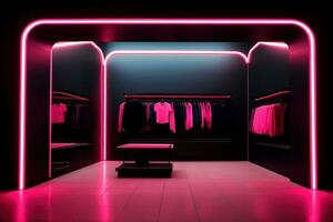 luxury and fashionable brand new interior of cloth store with neon dark background, advertising of black friday cheap clothes, Generative AI illustration photo