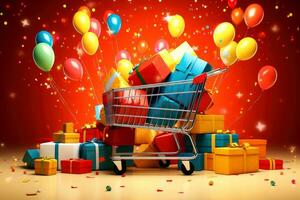 Goods,online shopping e-commerce ,Shop cart, advertising of black friday cheap cargo concept, Generative AI illustration photo