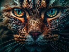 Surreal cat portrait close up created with Generative AI technology photo