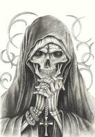 Surreal nun skull hand drawing on paper make graphic vector. vector
