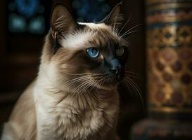 Balinese-javanese cat portrait close up created with Generative AI technology photo