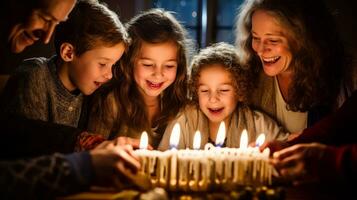 contento extendido judío familia celebrando Janucá mientras reunión a comida mesa, luz de una vela ese brilla brillantemente, generativo ai ilustración foto