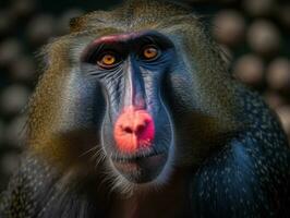 Mandrill monkey portrait created with Generative AI technology photo