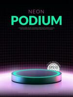 80s retro futuristic sci-fi, podium stage product stand with neon lights on black background. Vector illustration