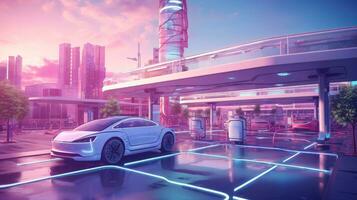 Electric car at futuristic charging station. Selected focusing. Eco alternative transport and battery charging technology concept, electric hybrid machine, Generative AI illustration photo