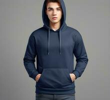 Young man wearing blank navy blue hoodie mockup print presentation mockup ai generate photo