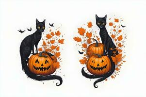 Black cats with pumpkins and autumn leaves, Ai generated photo